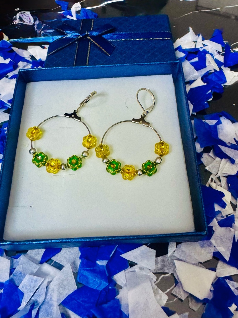 Yellow & Green Beaded Hoop Earrings with Silver-Tone Hoops